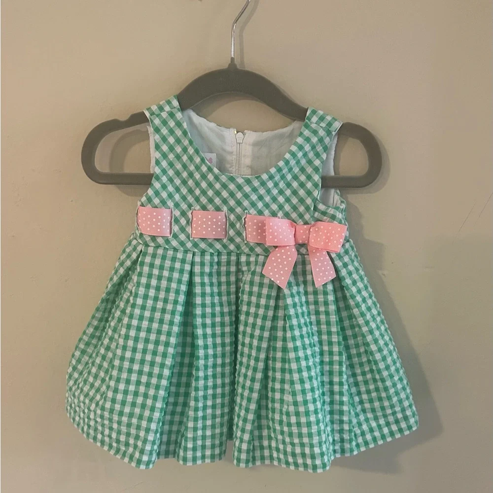 Bonnie Baby Green Gingham Dress with Pink Accents
